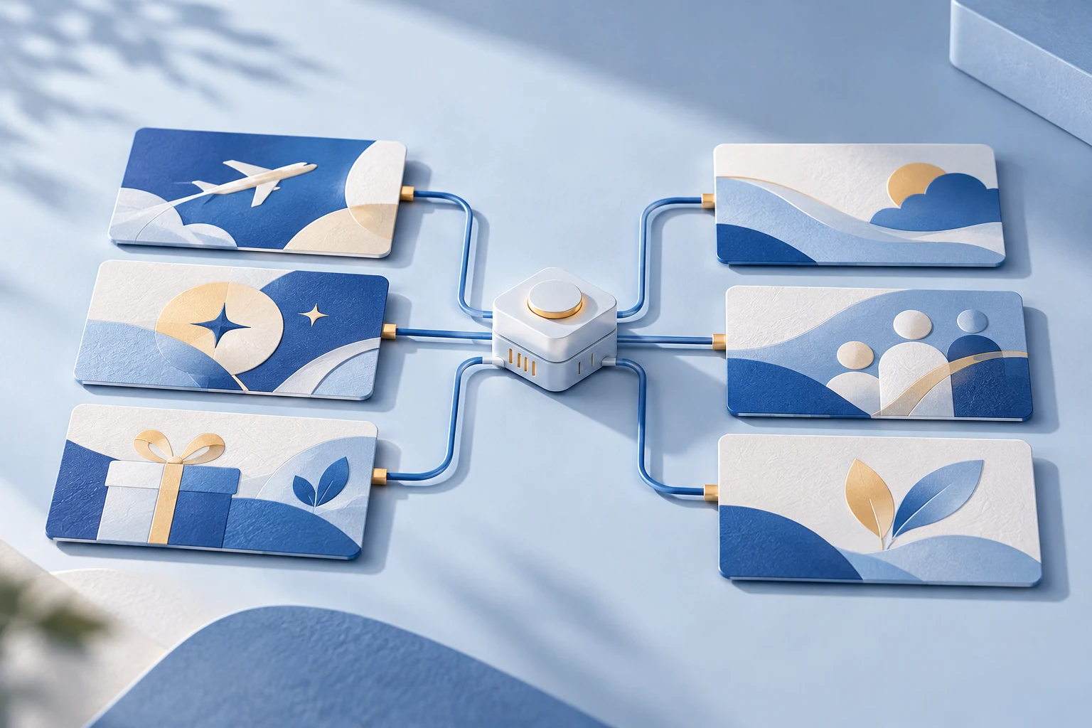 航空、积分与福利卡券连接到批量处理服务的业务插画
